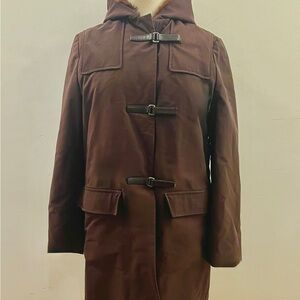Prada FW 1999 - fur lined brown Nylon Coat with Leather Velcro strap closure